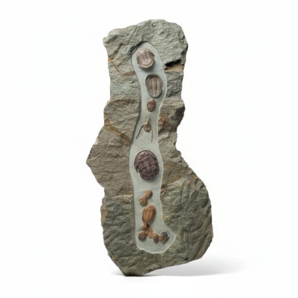 Close-up of well-preserved Phacopid trilobites showing segmentation and exoskeleton