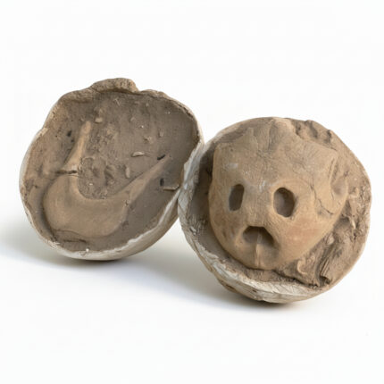 Fossil turtle skull preserved inside a split stone concretion, showing the eye sockets and nasal openings in natural rock matrix.