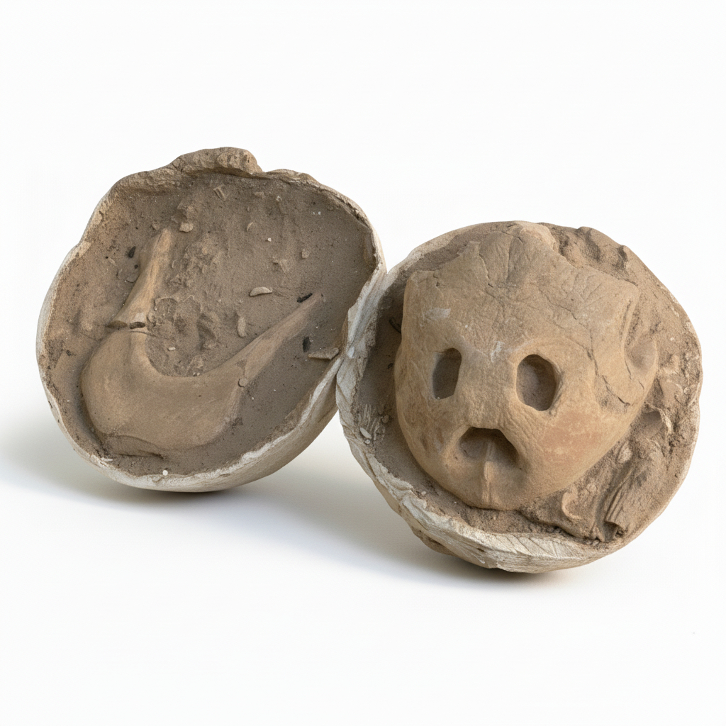 originale turtle skull complette fossil from morocco (9) Fossil turtle skull preserved inside a split stone concretion, showing the eye sockets and nasal openings in natural rock matrix.