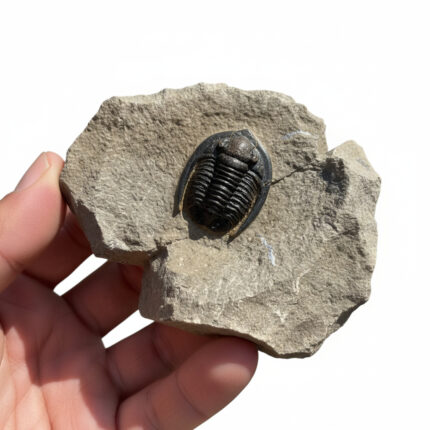 Cornuproetus trilobite fossil preserved on natural rock matrix from Morocco