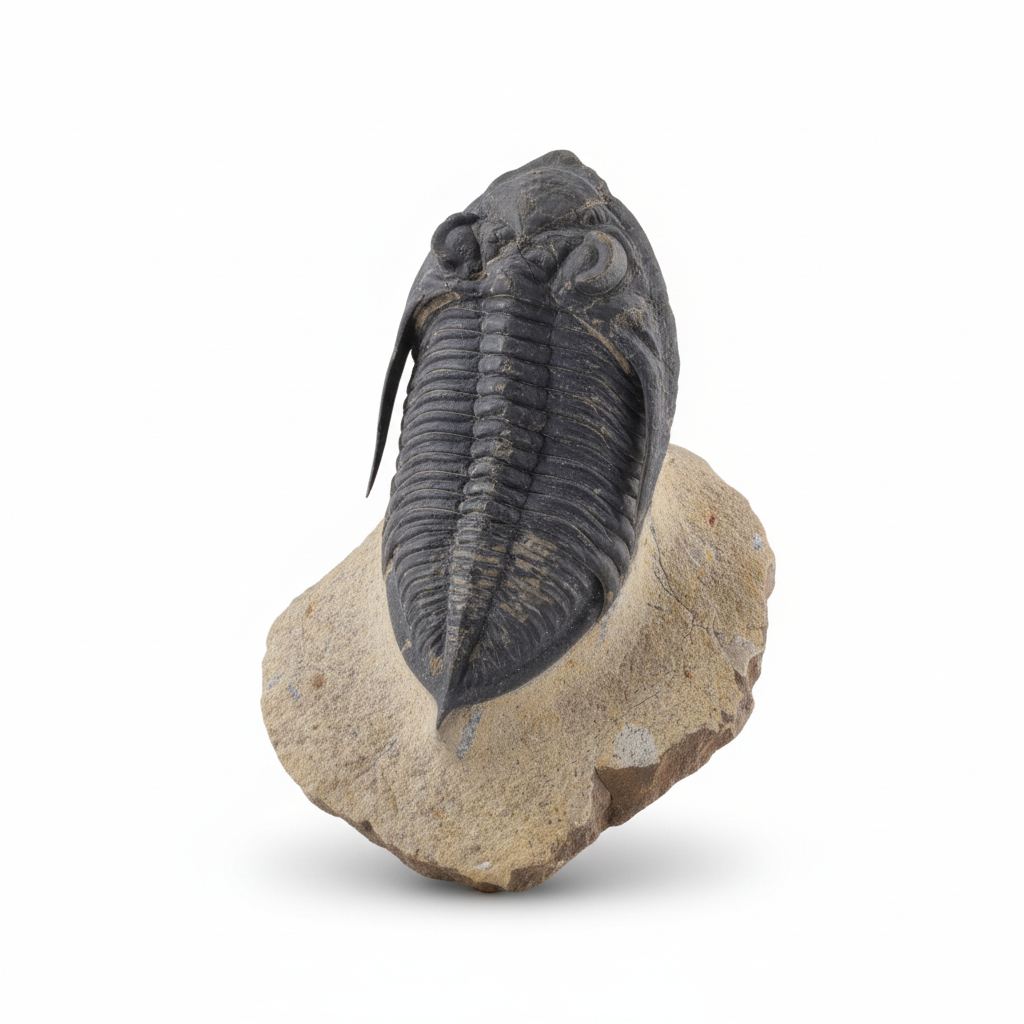 metacanthina-trilobite-fossil-front.jpg Side view of a Metacanthina trilobite fossil highlighting thorax and pygidium detail with museum-grade preservation.